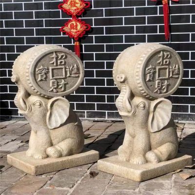 庭院戶外擺放砂巖浮雕蹲坐小象招財(cái)進(jìn)寶石門(mén)墩