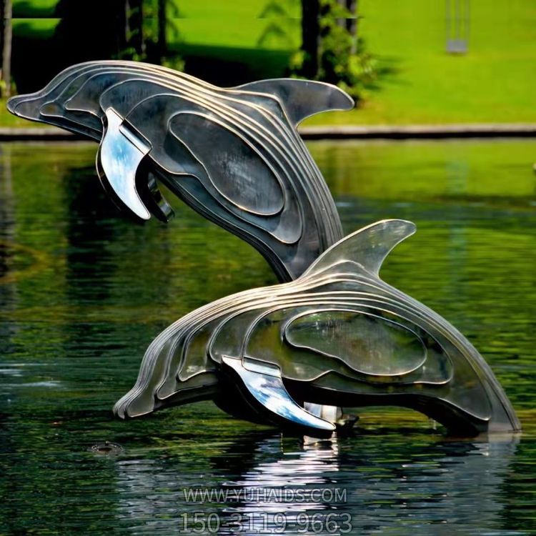 不銹鋼海豚雕塑，池塘水景抽象海豚景觀動(dòng)物雕塑