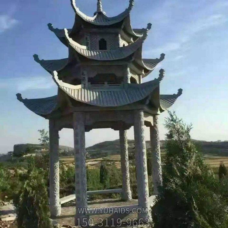 園林戶(hù)外裝飾天然青石雕刻復(fù)古三層涼亭擺件雕塑