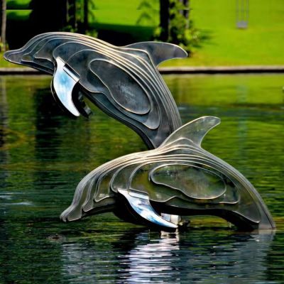 不銹鋼海豚雕塑，池塘水景抽象海豚景觀動(dòng)物雕塑