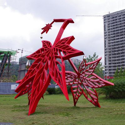 不銹鋼樹葉景觀擺件，紅色楓葉不銹鋼雕塑