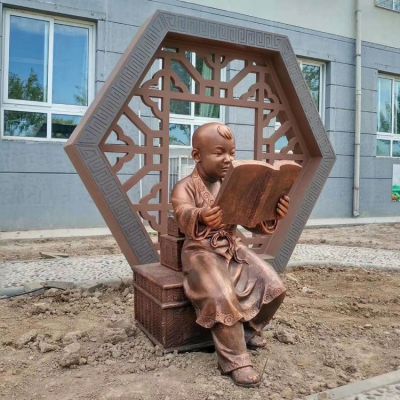 古代看書的小孩，校園鑄銅鍛銅創(chuàng)意學(xué)習(xí)廣場(chǎng)書籍雕塑