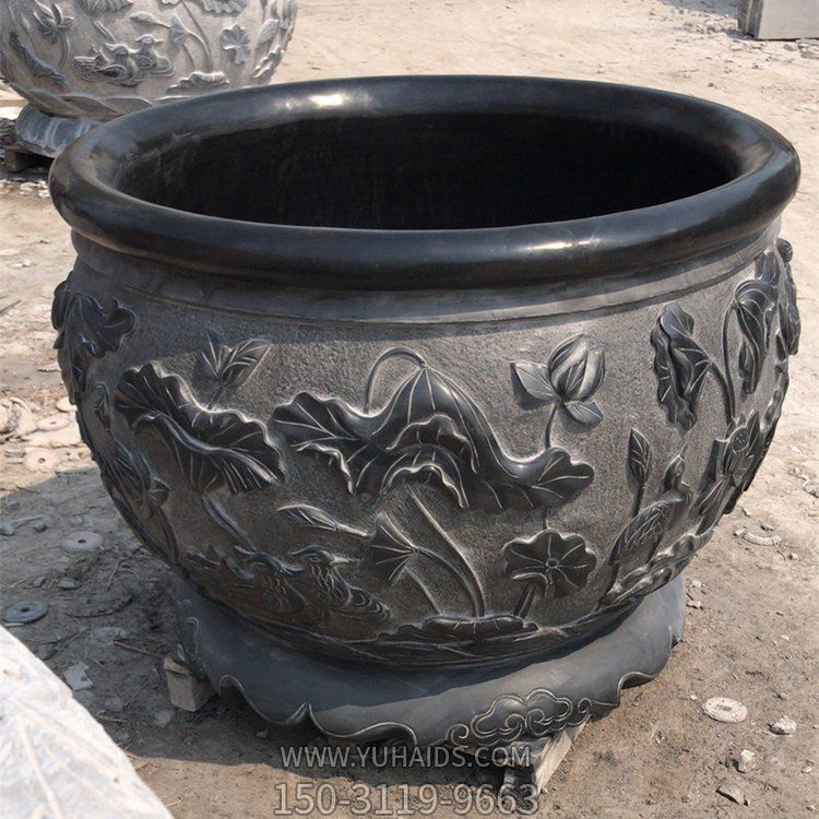 大理石做舊浮雕荷花圓形養(yǎng)魚(yú)水缸庭院擺件雕塑
