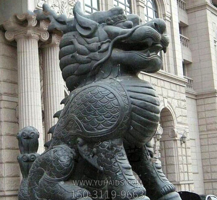 酒店門(mén)口大型景觀不銹鋼仿古做舊麒麟雕塑