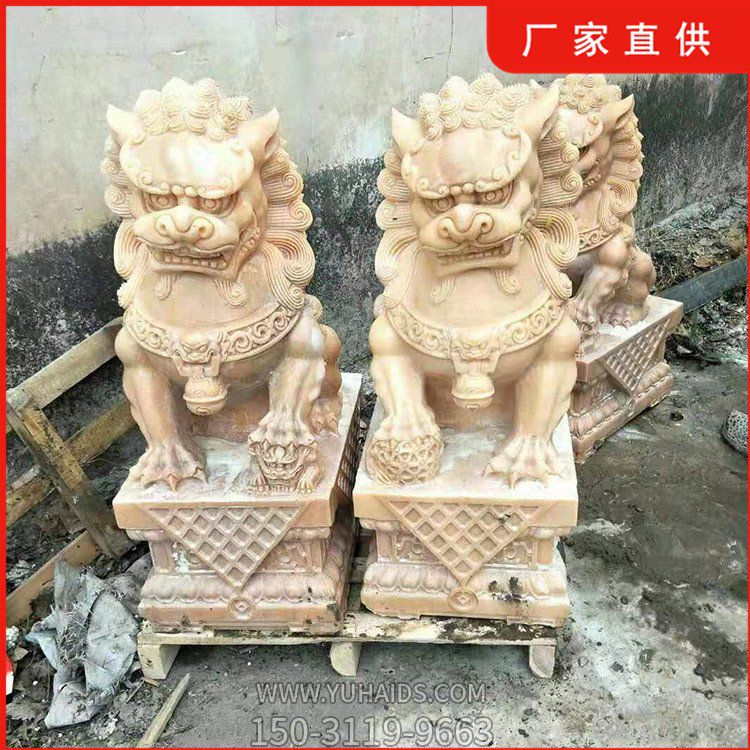 晚霞紅石獅子，大理石石雕看門獅子雕塑