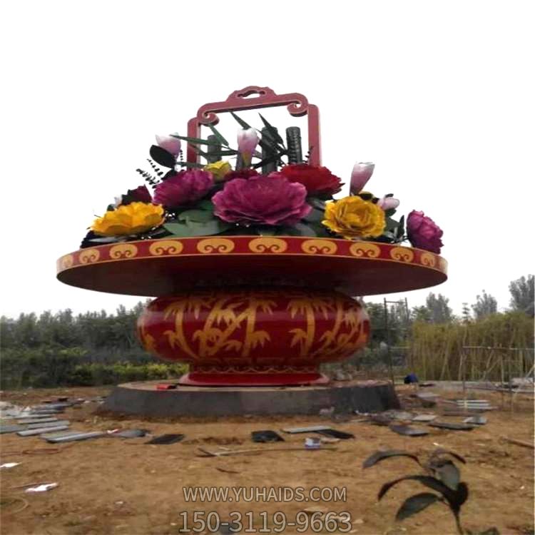 公園廣場(chǎng)大型玻璃鋼景觀花籃，慶典大花籃雕塑