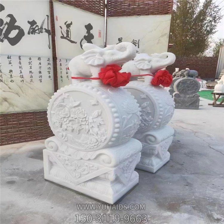 天然漢白玉大理石浮雕小象門(mén)墩抱鼓石一對(duì)雕塑