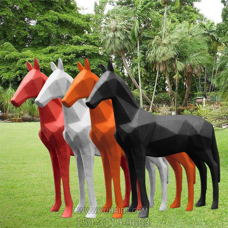 幾何塊面馬，玻璃鋼抽象動物雕塑
