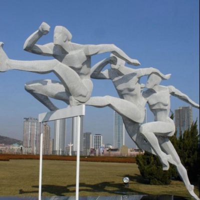學(xué)校操場擺放不銹鋼抽象跨欄運動人物標識雕塑