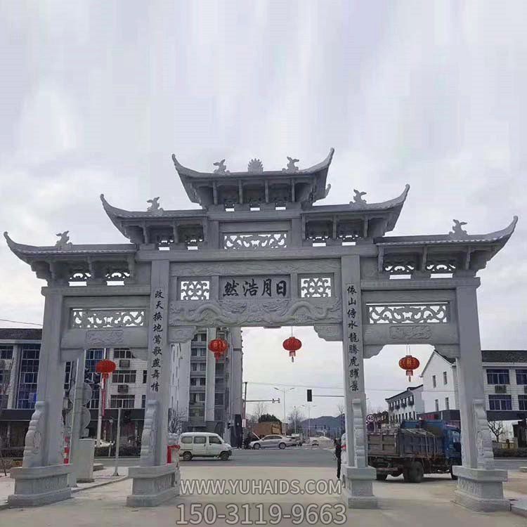 城市街道裝飾仿古建筑青石浮雕三門(mén)五樓牌坊雕塑