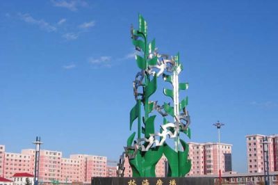 不銹鋼廣場(chǎng)抽象樹(shù)和鳥兒雕塑