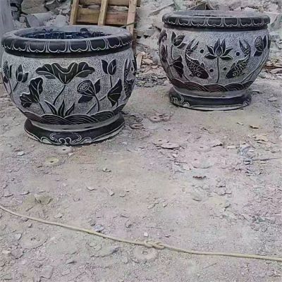 鯉魚，荷花，荷葉紋飾石雕水缸