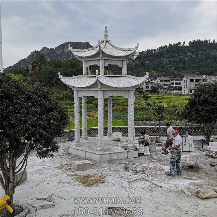 石雕涼亭，雙層六柱石亭子雕塑