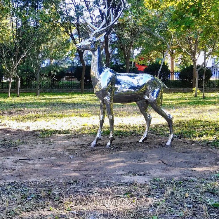 不銹鋼鏡面鹿，園林梅花鹿動物擺件雕塑