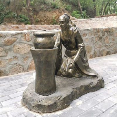 煎藥古代人物，中醫(yī)文化熬制中藥玻璃鋼仿銅情景雕塑