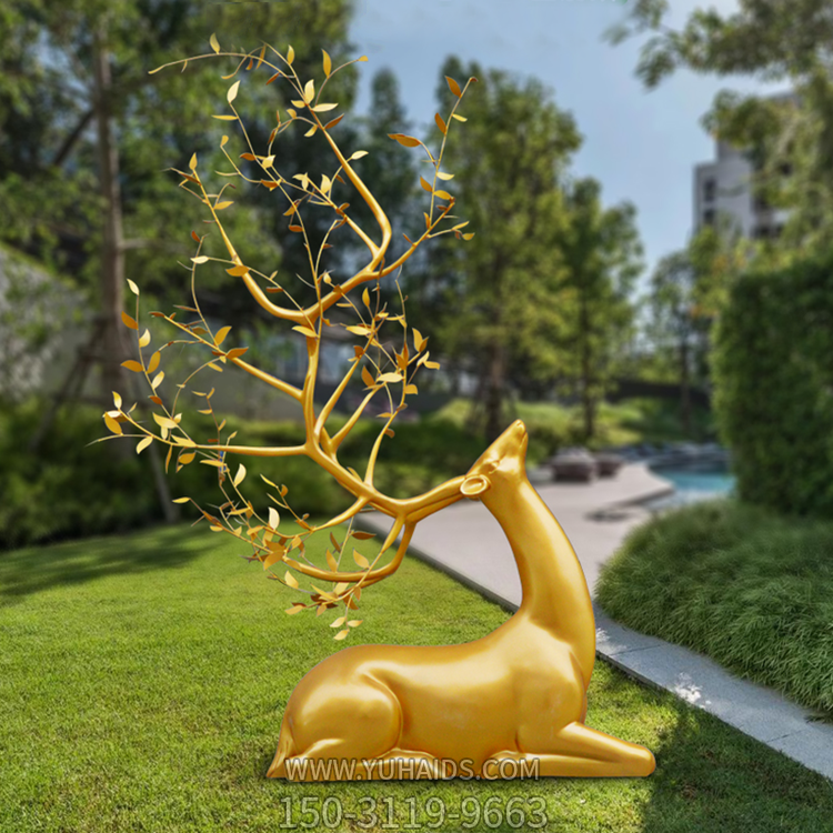 玻璃鋼金色創(chuàng)意梅花鹿，園林草坪動物擺件雕塑