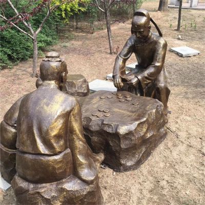 下棋，古代人物玻璃鋼仿銅場景雕塑
