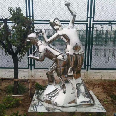 打網(wǎng)球，不銹鋼鏡面抽象體育運動人物景觀雕塑