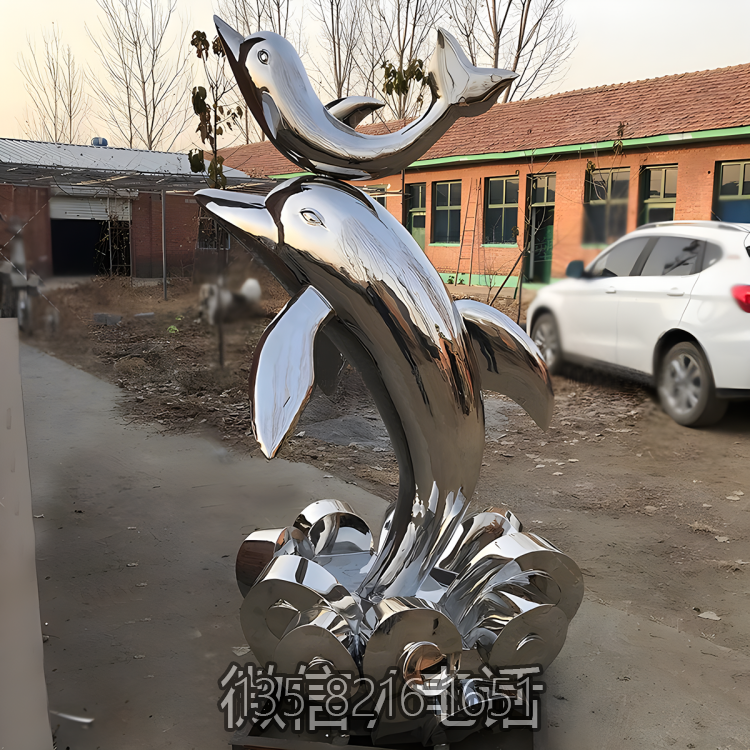 不銹鋼鏡面抽象動(dòng)物景觀海豚雕塑
