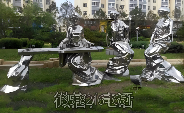 園林擺件不銹鋼彈奏抽象人物雕塑